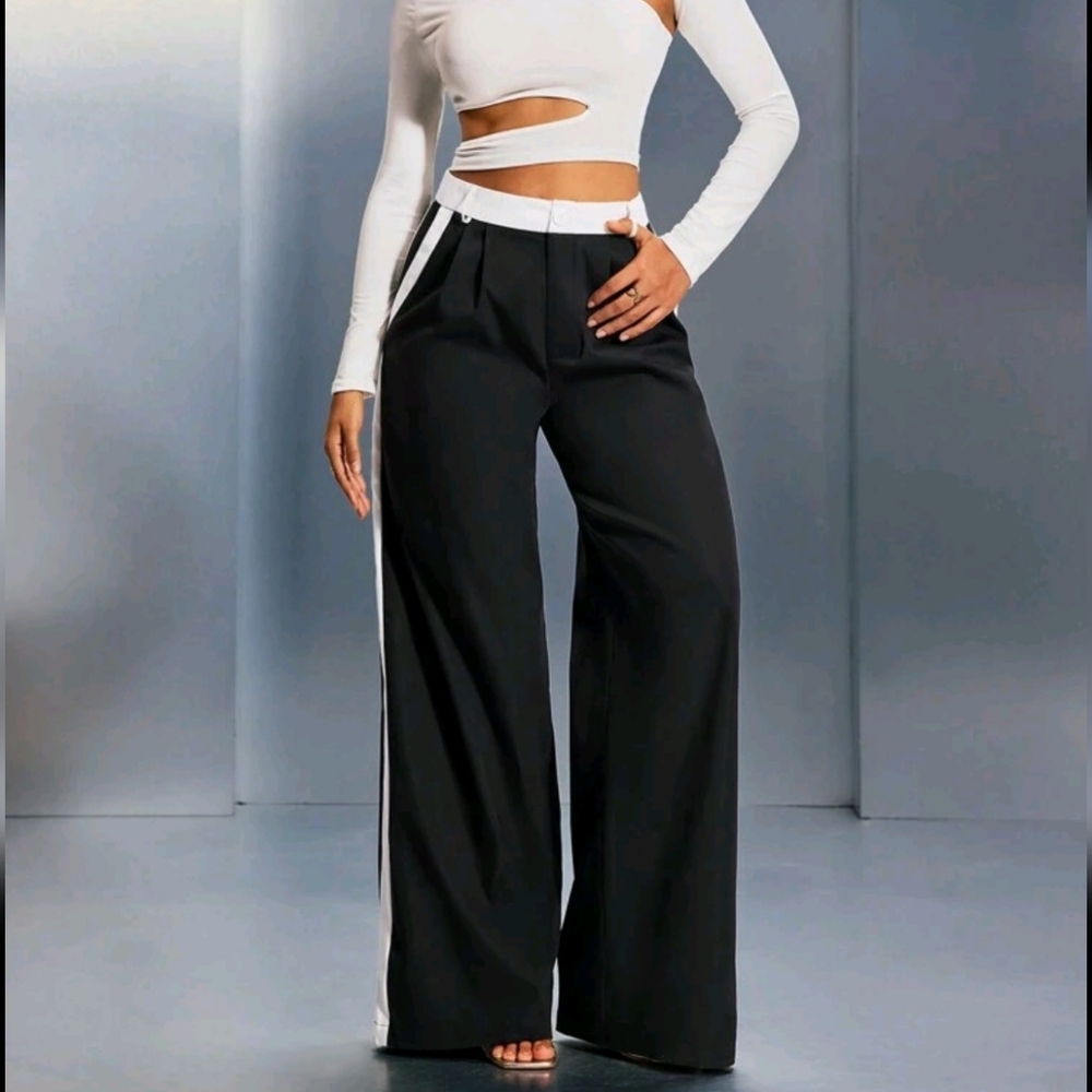 Black & White Contrast Palazzo Wide Leg Pants, Suitable For Autumn/Winter - Picture 4 of 4